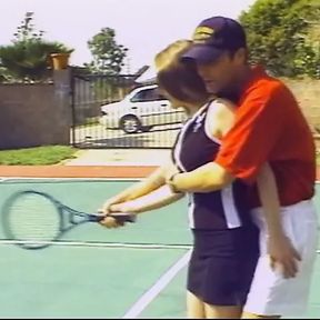 Lusty brunette gets horny after a tennis match and fucks a stud on the court