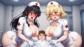 Two cute nurses with big breasts cum in the ward