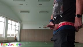 In a Public Sports Hall, I Masturbate My Thick, Veiny Foreskin Cock Until I Cum on the Floor.