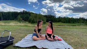 Romantic picnic, lesbian sex in the wild.