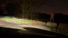 Naked barefoot twerking and jerking car passed and I half hide, by arse is in the air to be seen