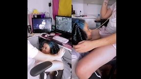 Blowjob while playing games with anal sex creampie