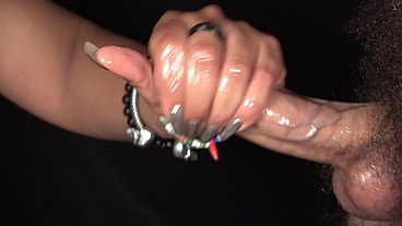 Close up to his hard veiny cock and to my long silver nails with his cum dripping - XattlaLust -