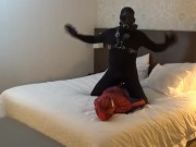 mindless moaning black sex drone playing with his spiderman dummy