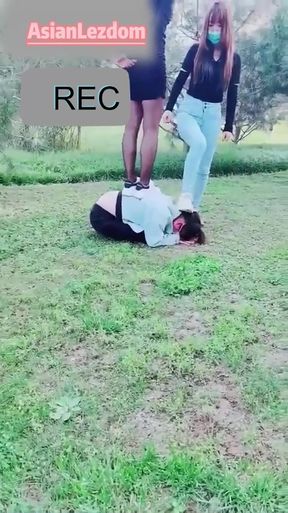 Outdoor humiliation as a submissive couple is dominated by dual