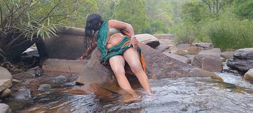 Telugu Sexy Silk Aunty Outdoor Waterfall Bathing, Telugu Dirty Talks.