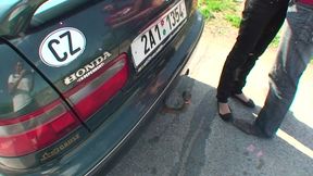 Nasty girl gives a double blowjob outdoor