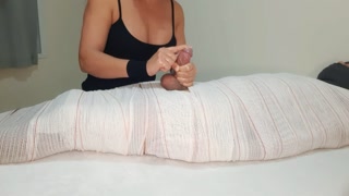 Part3 MUMMIFIED Handjob with interruption of cum for two minutes.