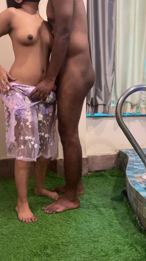 Hot Couple Enjoying Holidays in A Hotel Room and Pool.