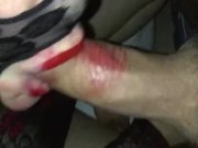 Red lipstick on husband cock
