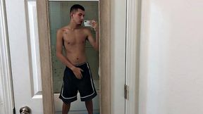 Standing in the shower, Roman Blake strips out of his shorts and boxers to reveal his slim and smooth body. He quickly works up a boner and then begins beating off.