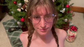 Teen girl with glasses strips and gives best blowjob