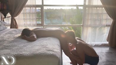 Blonde babe gasps golden hour rice terrace while hot muscular hubby licks her dripping cunt till loud public cum