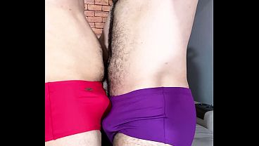 Rubbing Bulges in Speedo Swim Trunks