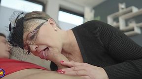 Pervy granny in black lingerie seduces a man with big cock and offers him a wild sex