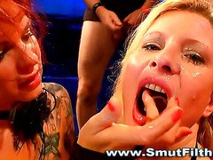 Hoe swallows bukkake cum facials