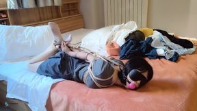 blindfoldedball gaggedrope hogtie bondage in bed