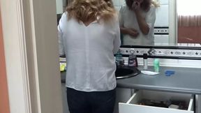 The maid&#039;s stepson is very excited and shows me his big cock and I start touching my pussy
