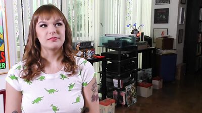 Rebecca Vanguard is doing an interview while having her big natural tits out