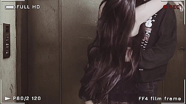 WTF! Girl in skirt and fishnet stockings fucking and gets a creampie in the elevator! (SHEER COMPLETE)