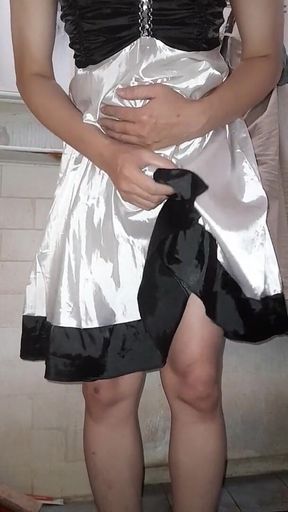 Asian crossdresser cum wearing satin white dress