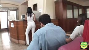 Slutty Asian receptionist deepthroats three guys at sperm bank