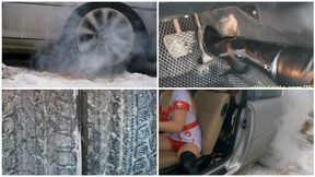 HOT UPSKIRT PREMIERE: Sexy nurse makes extremely hard burnouts and totally crushes new tires