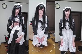 Japanese maid crossdresser masturbating with electric toy