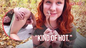 Cute American Girl Explores Outdoors with Glass Dildo