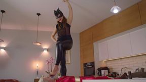 Catwoman Olena And Harley Quinn - Shiny Leggins And Bright Tights On Table - Full - Russian Language