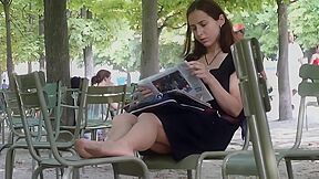 Beautiful Woman Reading The Newspaper And Wearing Nylons Gets Her Feet Candidly Filmed