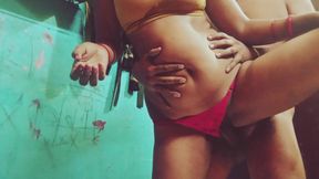 Dirty whore takes cock in mouth and cunt.