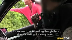 Two cops find a hot blonde with massive boobs getting it on in the woods.