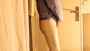 Cock Stroking and Excitement through White Vinyl Leggings