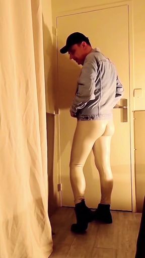 Cock Stroking and Excitement through White Vinyl Leggings