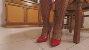 *** custom video *** Waiting friends for a cup of tea in red patent high heel stilettos pointed toe pumps with narrow fishnet stockings (MP4) 1080 Full HD