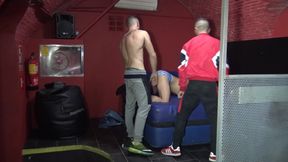 Bottom fucked bareback with the help of a straight guy