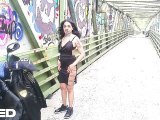 BIKER FEMALE BLOW JOB PUBLIC COSPLAY SUIT NIPPS OUT