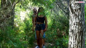 Hot girl sucks a massive cock then gets a hard fuck in the bushes