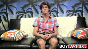 Skinny dude takes his undies off and wanks after interview