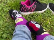 BBW milf does sock tease outdoors