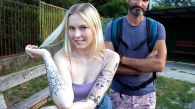 Finnish girlfriend performs blindfolded sex for cash while her partner watches