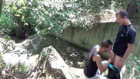 Sexy twink fucked by older in exhib cruising outdoor