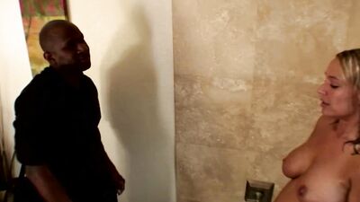 Chubby blonde girl just stop cumming on this guys big black cock in the shower