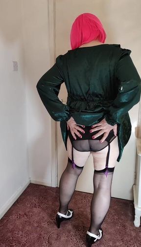 Hot TV Crossdresser Parading in Sexy Satin and Stockings