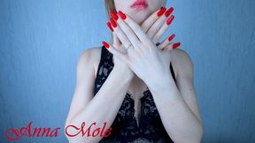 Hand fetish, long red nails and marble white skin of hands