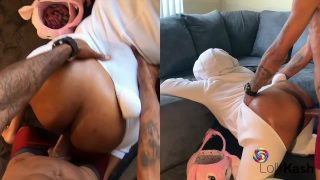 Ebony Easter bunny cosplayer mendapat fucked melalui onesie koyaknya