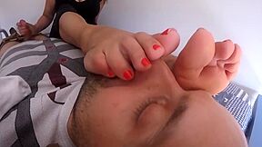 Male Slave Sniffing His Mistresss Stinky Socks And Feet With Red Nail