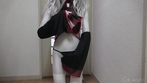 White crossdresser kigurumi sucks vampire cock in zentai