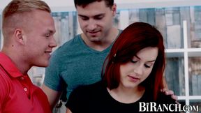 Bi threesome with muscular hunks and a lovely redhead slut